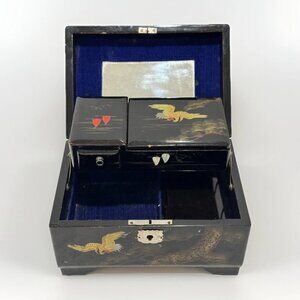 Vintage Japanese Black Enamel Musical Jewelry Box w/ Bronze Inlay – Beautiful